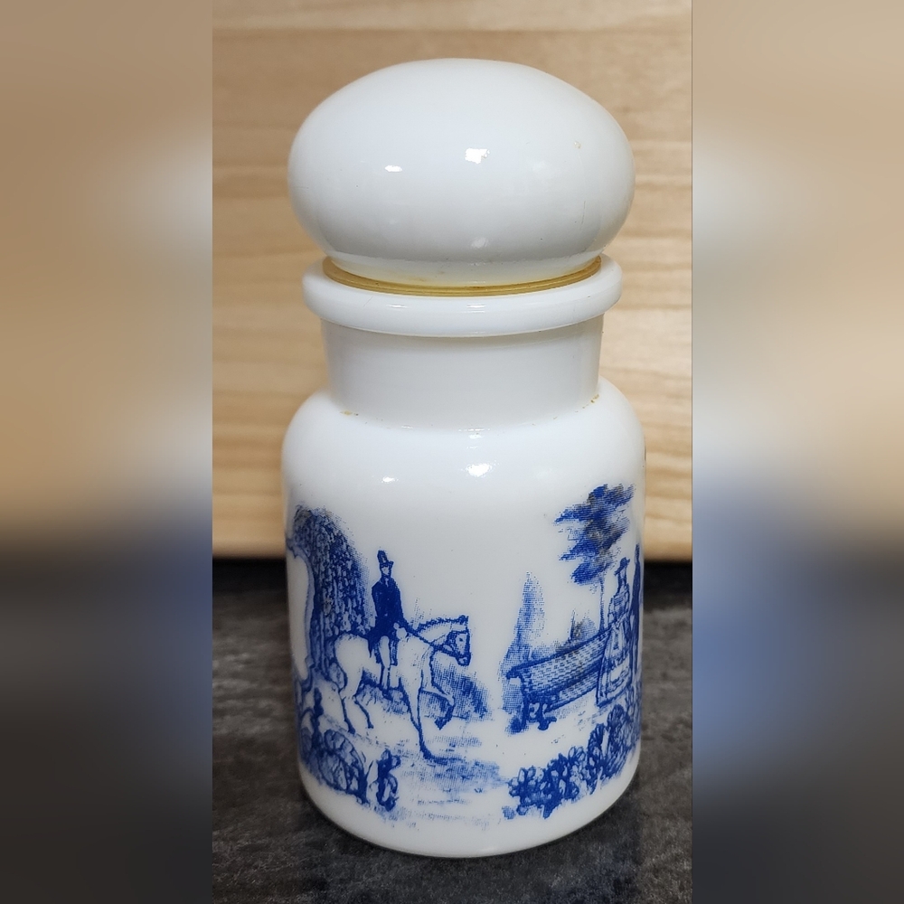 Vintage Milk Glass White Blue Apothecary Jar Container Made in Belgium